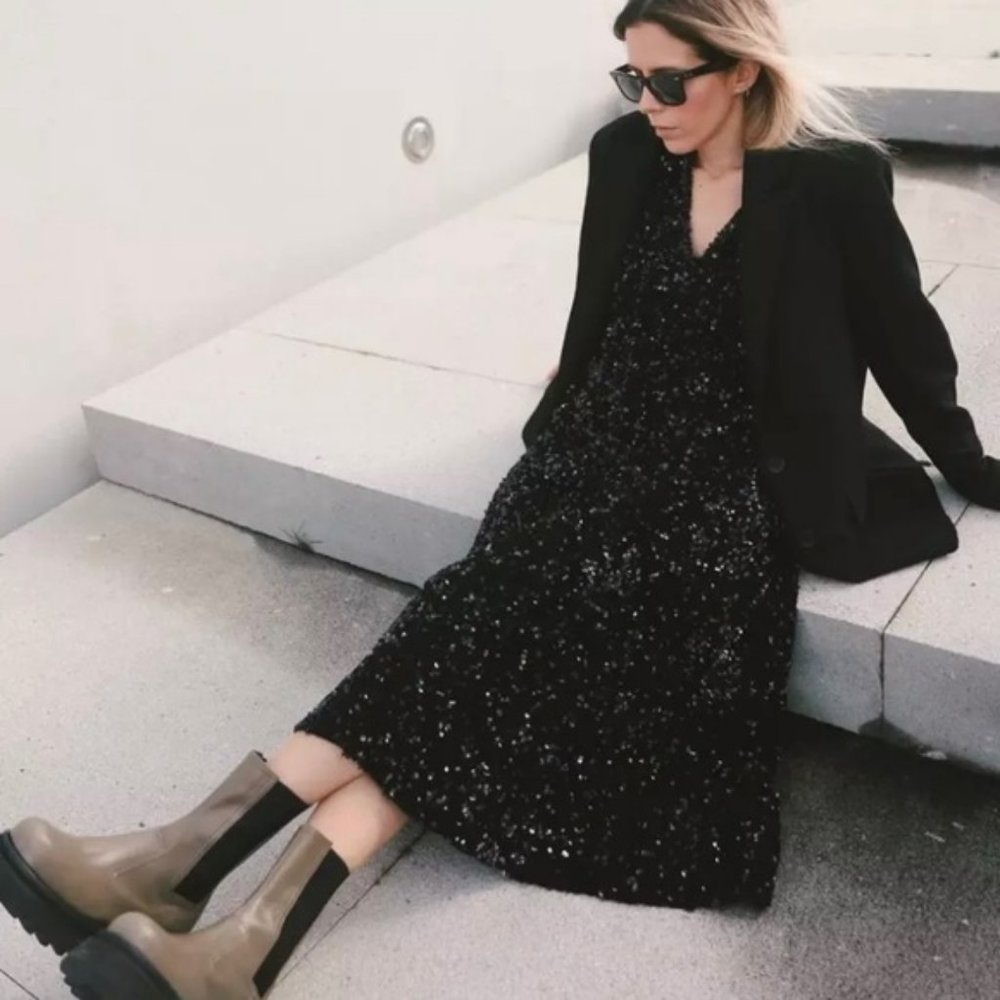 Zara Puff Sleeve Sequined Velvet Black Dress